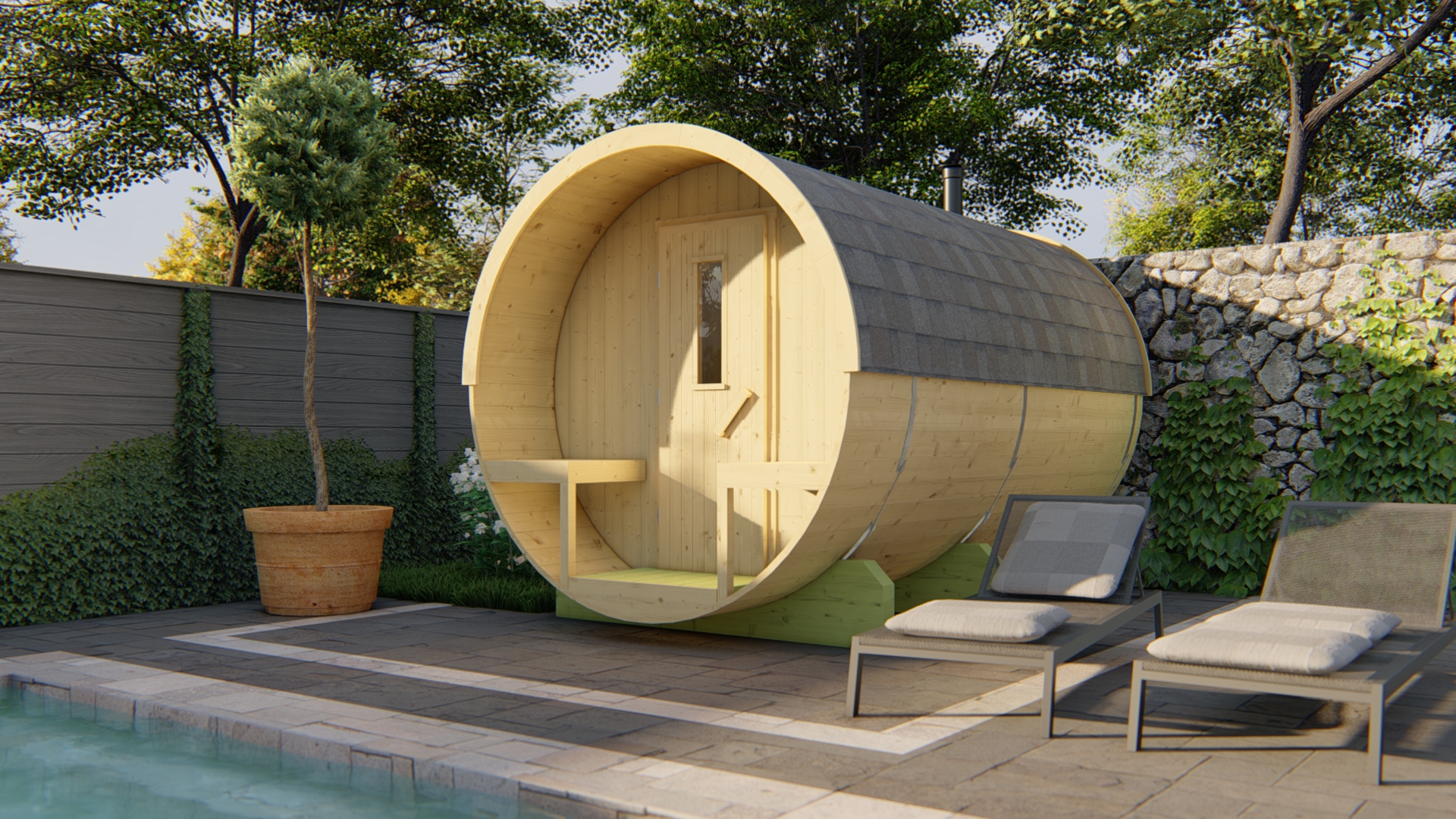 Barrelsauna Ø205 x 350 cm | 38 mm | onbehandeld vuren | met kleedruimte
