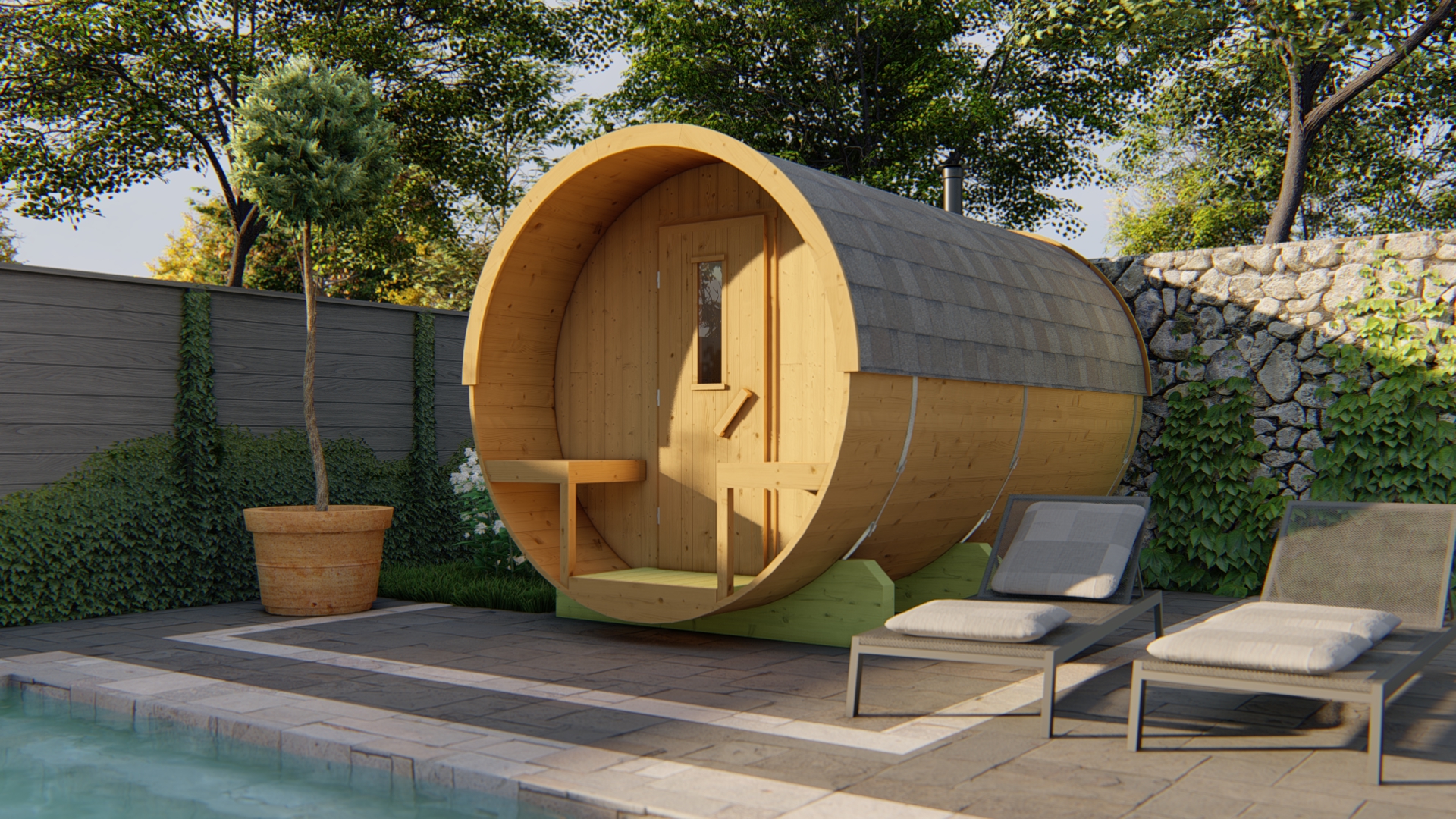 Barrelsauna Ø205 x 350 cm | 42 mm | Thermowood | met kleedruimte