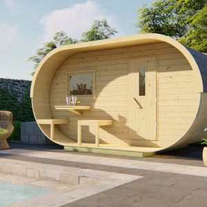 Barrelsauna Oval 240 x 120 cm | 38 mm | onbehandeld vuren | met kleedruimte
