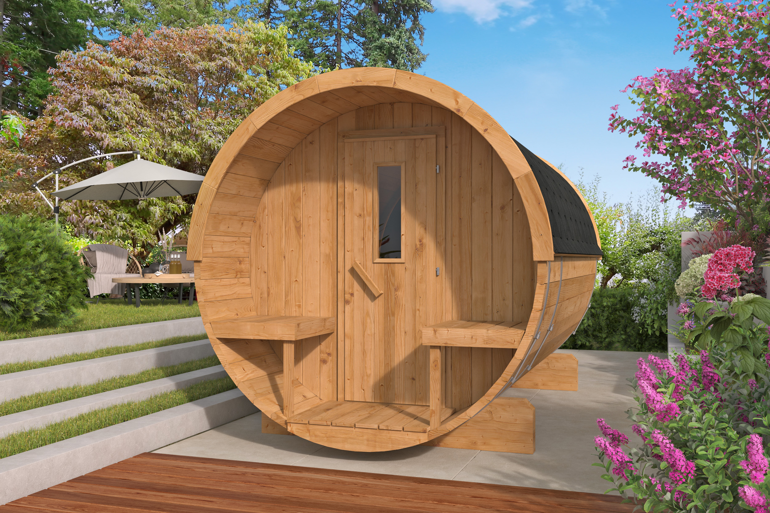 Barrelsauna Ø205 x 300 cm | 42 mm | Thermowood | ½ panorama raam
