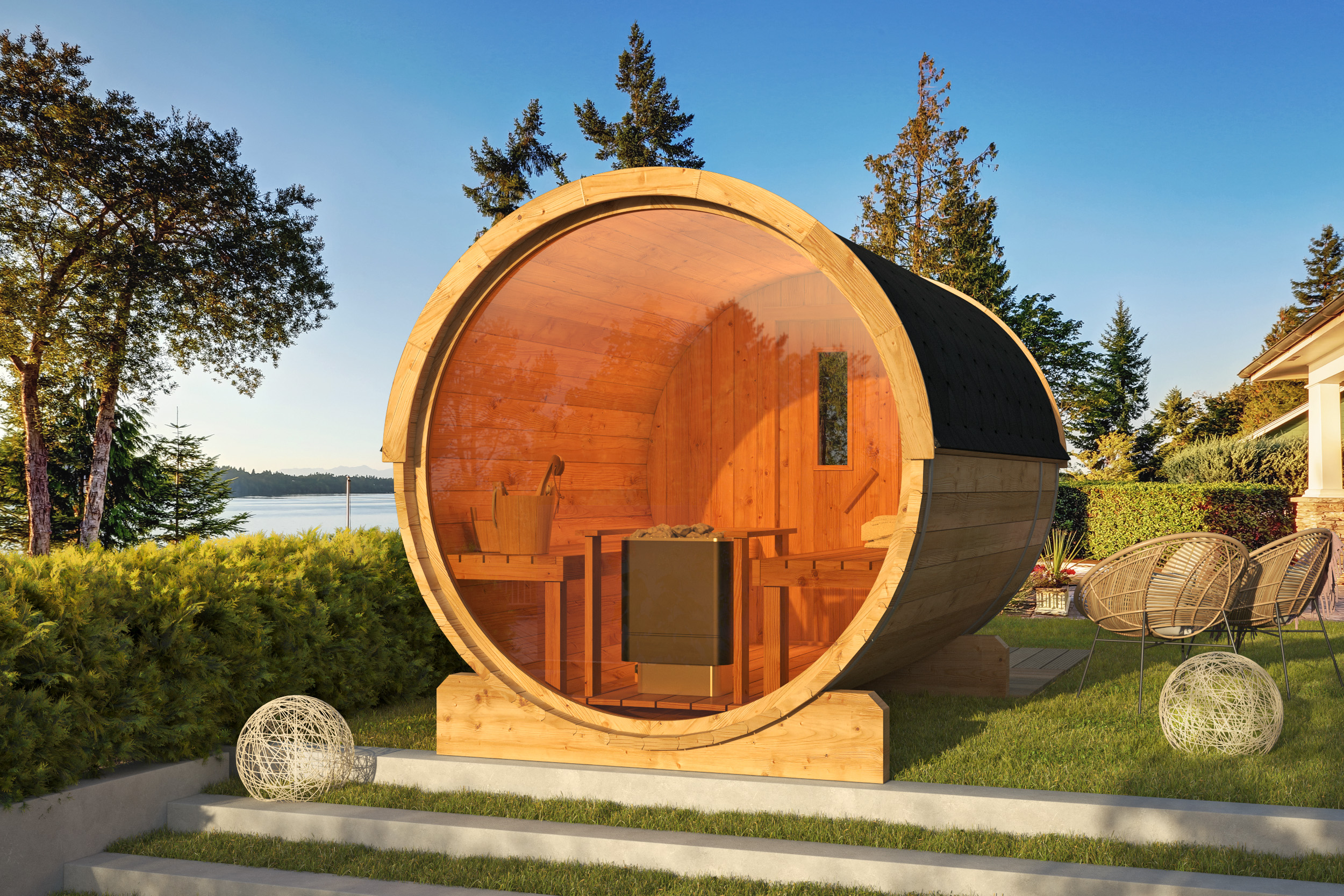 Barrelsauna Ø205 x 300 cm | 42 mm | Thermowood | panorama raam