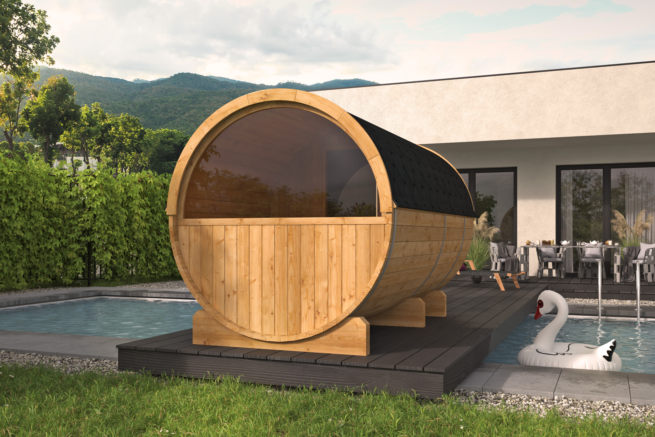 Barrelsauna Ø205 x 350 cm | 42 mm | Thermowood | ½ panorama raam | met kleedruimte - Afbeelding 3