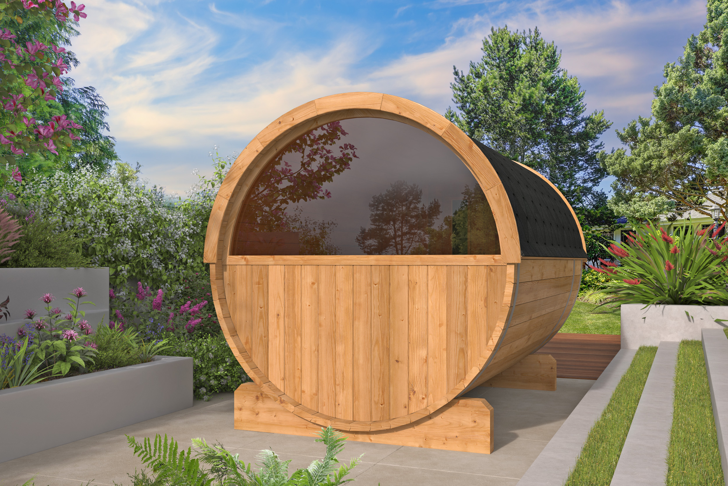 Barrelsauna Ø205 x 300 cm | 42 mm | Thermowood | ½ panorama raam - Afbeelding 3