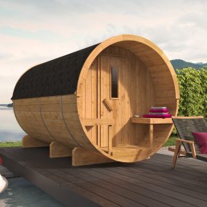 Barrelsauna Ø205 x 350 cm | 42 mm | Thermowood | ½ panorama raam | met kleedruimte