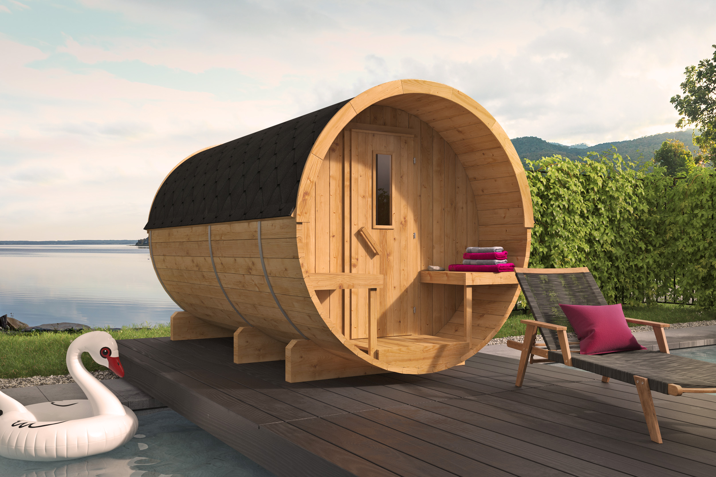 Barrelsauna Ø205 x 350 cm | 42 mm | Thermowood | ½ panorama raam | met kleedruimte
